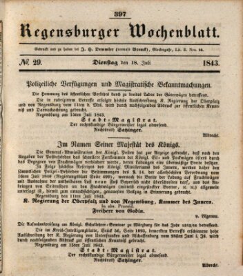 Regensburger Wochenblatt Dienstag 18. Juli 1843