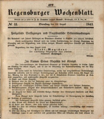 Regensburger Wochenblatt Dienstag 15. August 1843