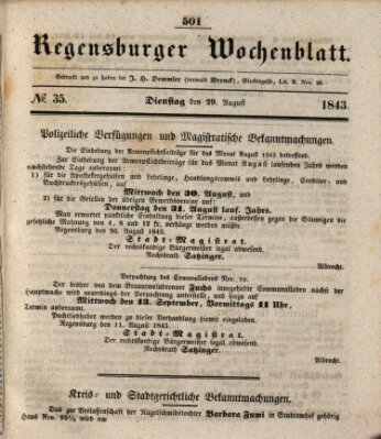 Regensburger Wochenblatt Dienstag 29. August 1843