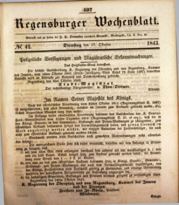 Regensburger Wochenblatt Dienstag 17. Oktober 1843