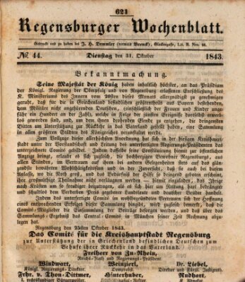 Regensburger Wochenblatt Dienstag 31. Oktober 1843