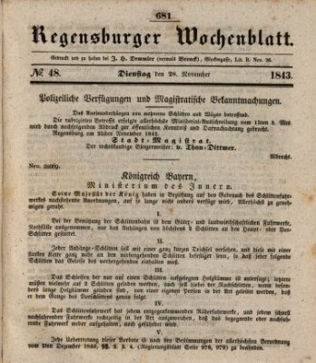 Regensburger Wochenblatt Dienstag 28. November 1843