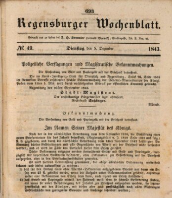 Regensburger Wochenblatt Dienstag 5. Dezember 1843