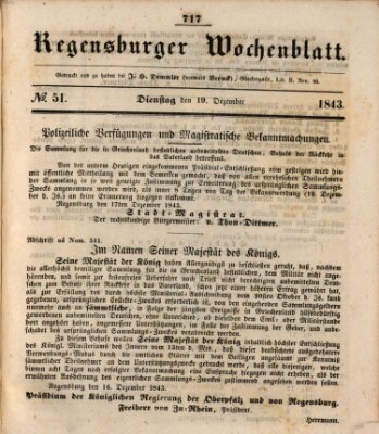 Regensburger Wochenblatt Dienstag 19. Dezember 1843