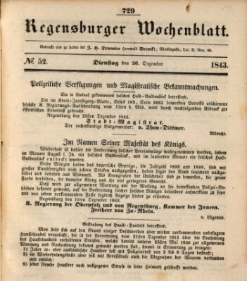 Regensburger Wochenblatt Dienstag 26. Dezember 1843