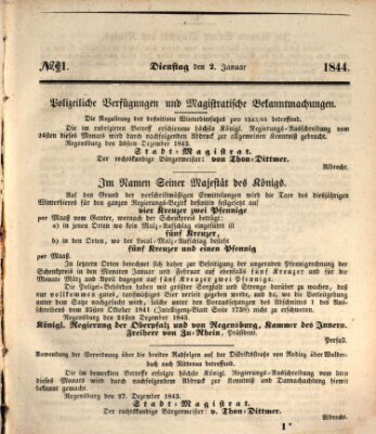 Regensburger Wochenblatt Dienstag 2. Januar 1844