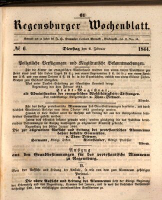 Regensburger Wochenblatt Dienstag 6. Februar 1844