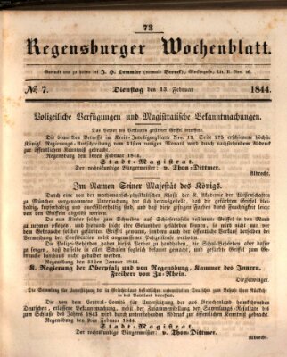 Regensburger Wochenblatt Dienstag 13. Februar 1844