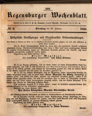 Regensburger Wochenblatt Dienstag 27. Februar 1844