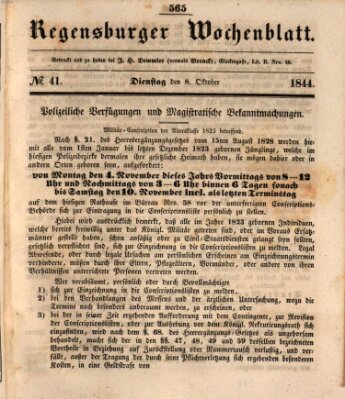 Regensburger Wochenblatt Dienstag 8. Oktober 1844