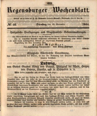 Regensburger Wochenblatt Dienstag 12. November 1844