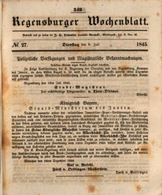 Regensburger Wochenblatt Dienstag 8. Juli 1845