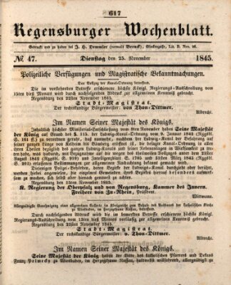 Regensburger Wochenblatt Dienstag 25. November 1845