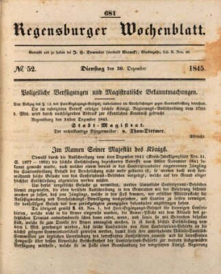 Regensburger Wochenblatt Dienstag 30. Dezember 1845