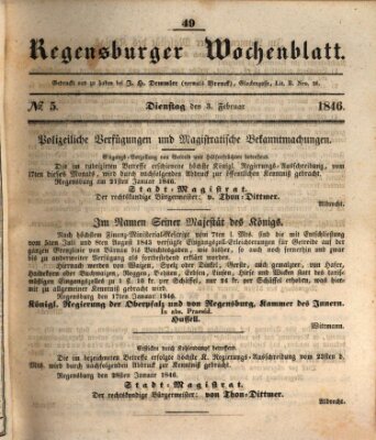 Regensburger Wochenblatt Dienstag 3. Februar 1846