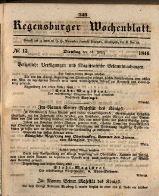 Regensburger Wochenblatt Dienstag 31. März 1846