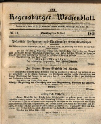 Regensburger Wochenblatt Dienstag 7. April 1846