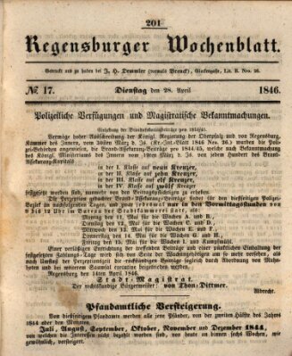 Regensburger Wochenblatt Dienstag 28. April 1846