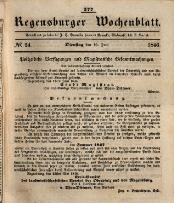 Regensburger Wochenblatt Dienstag 16. Juni 1846