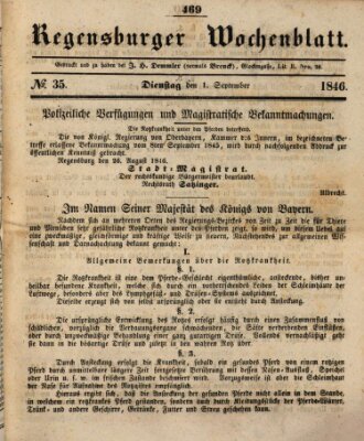 Regensburger Wochenblatt Dienstag 1. September 1846