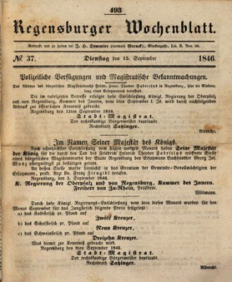 Regensburger Wochenblatt Dienstag 15. September 1846