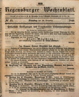 Regensburger Wochenblatt Dienstag 10. November 1846
