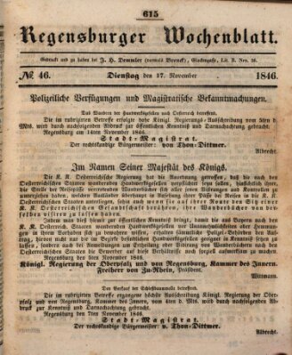 Regensburger Wochenblatt Dienstag 17. November 1846