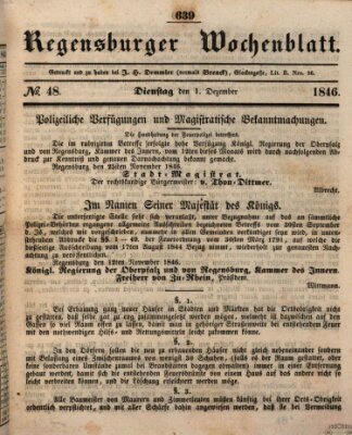 Regensburger Wochenblatt Dienstag 1. Dezember 1846