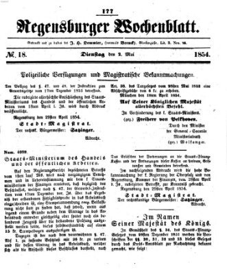 Regensburger Wochenblatt Dienstag 2. Mai 1854