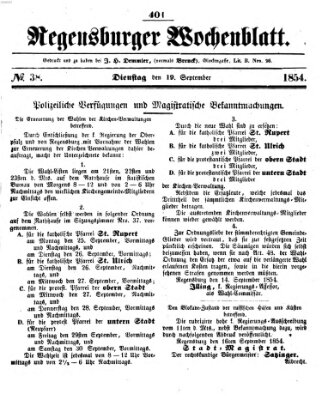 Regensburger Wochenblatt Dienstag 19. September 1854