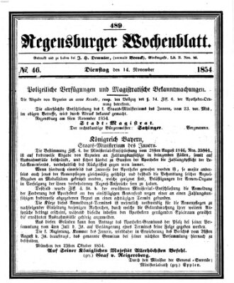 Regensburger Wochenblatt Dienstag 14. November 1854