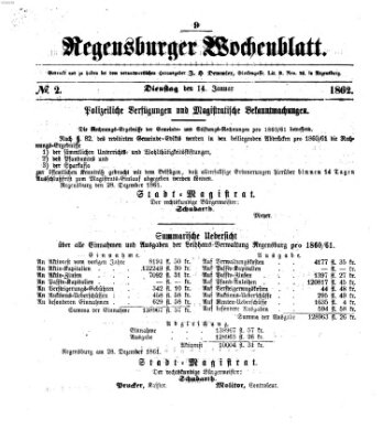 Regensburger Wochenblatt Dienstag 14. Januar 1862