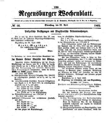 Regensburger Wochenblatt Dienstag 22. April 1862