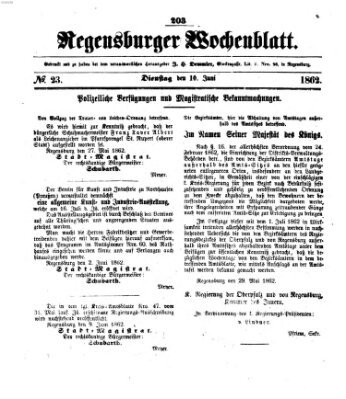 Regensburger Wochenblatt Dienstag 10. Juni 1862