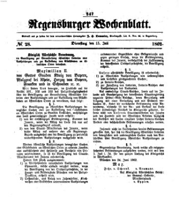 Regensburger Wochenblatt Dienstag 15. Juli 1862