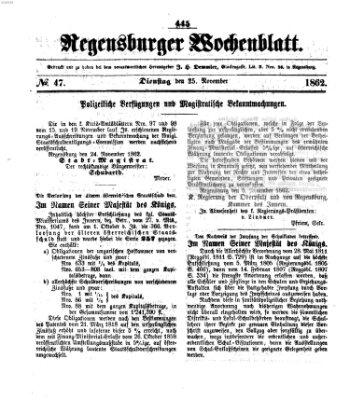 Regensburger Wochenblatt Dienstag 25. November 1862