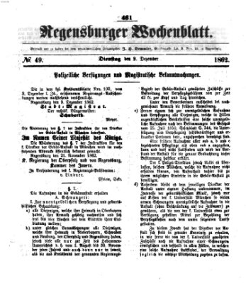 Regensburger Wochenblatt Dienstag 9. Dezember 1862