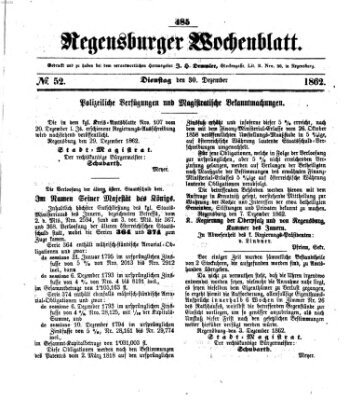 Regensburger Wochenblatt Dienstag 30. Dezember 1862