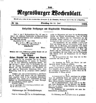 Regensburger Wochenblatt Dienstag 14. Juni 1864