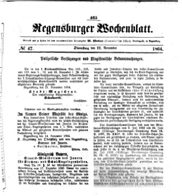 Regensburger Wochenblatt Dienstag 22. November 1864