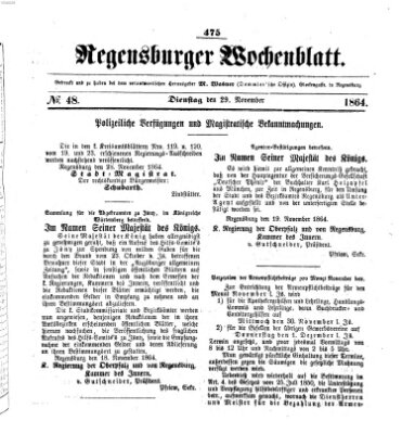 Regensburger Wochenblatt Dienstag 29. November 1864