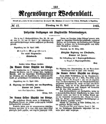 Regensburger Wochenblatt Dienstag 25. April 1865