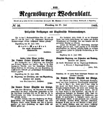 Regensburger Wochenblatt Dienstag 27. Juni 1865