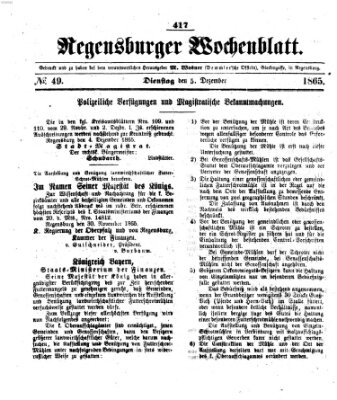 Regensburger Wochenblatt Dienstag 5. Dezember 1865