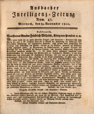 Ansbacher Intelligenz-Zeitung Mittwoch 19. November 1800