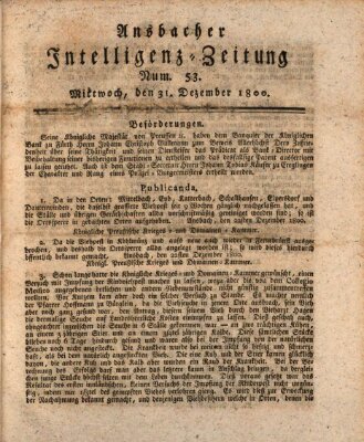 Ansbacher Intelligenz-Zeitung Mittwoch 31. Dezember 1800