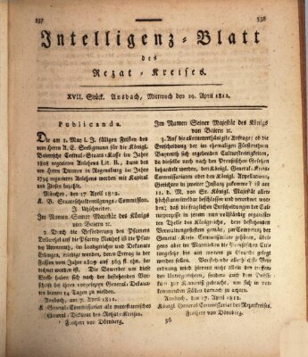 Intelligenzblatt des Rezat-Kreises (Ansbacher Intelligenz-Zeitung) Mittwoch 29. April 1812