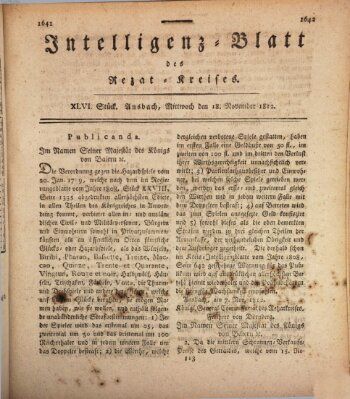 Intelligenzblatt des Rezat-Kreises (Ansbacher Intelligenz-Zeitung) Mittwoch 18. November 1812