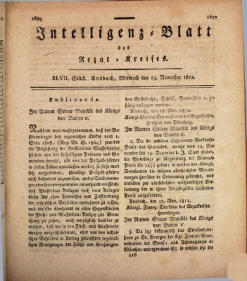 Intelligenzblatt des Rezat-Kreises (Ansbacher Intelligenz-Zeitung) Mittwoch 25. November 1812