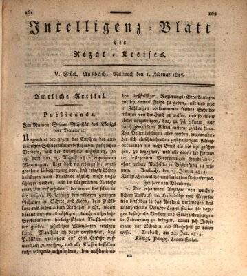 Intelligenzblatt des Rezat-Kreises (Ansbacher Intelligenz-Zeitung) Mittwoch 1. Februar 1815